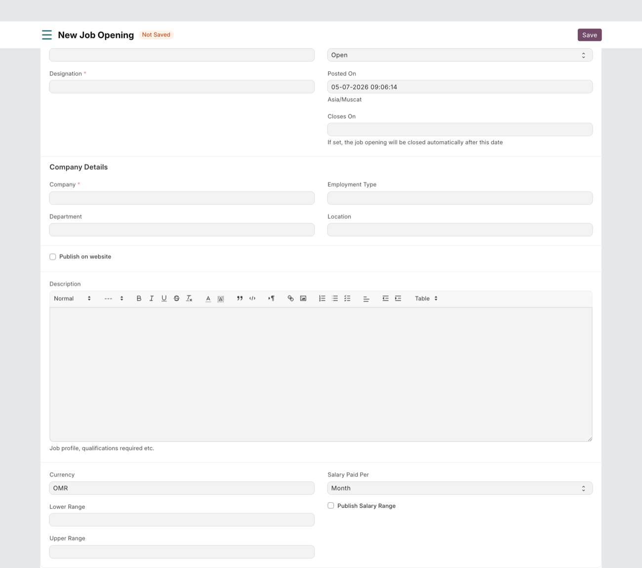 New Job Opening form